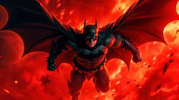 Batman flying with red sky and planets