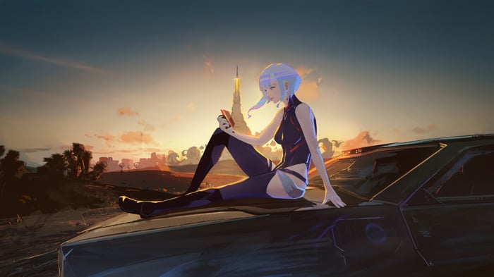 Lucy from Cyberpunk Edgerunners on a car