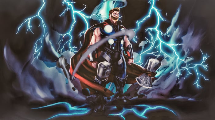 Thor with Mjolnir surrounded by lightning