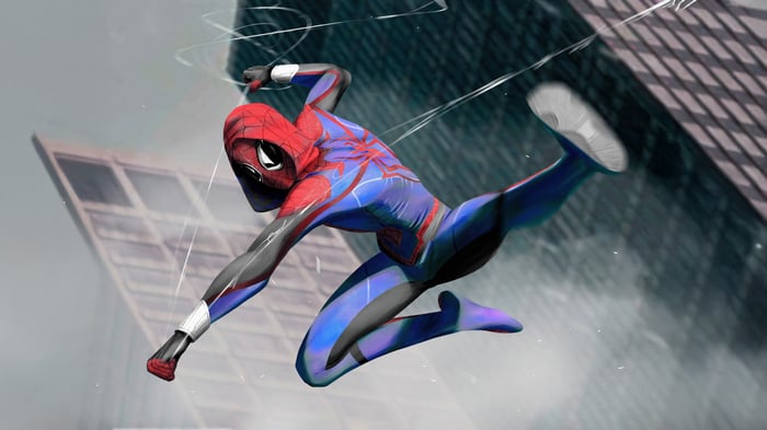 Spider-Man in the Oswald B Parker Suit swings through a city