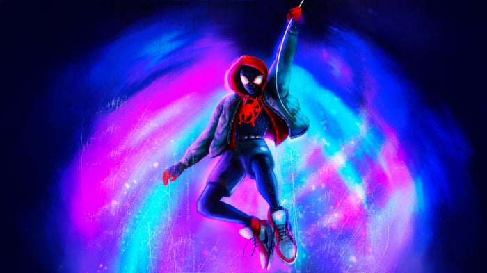 Miles Morales Swinging Through a Cosmic Background