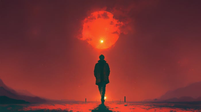 Man walking alone towards a large red sun