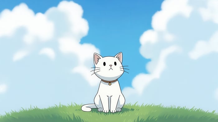 Cute white cat sitting on grass under blue sky