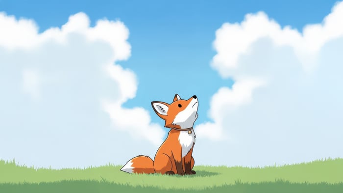 Adorable Fox Sitting on a Grassy Field Under Clouds