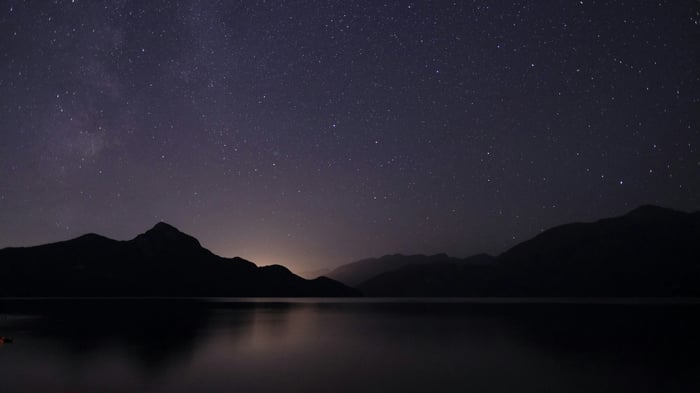 Starry Night Sky Over Calm Water and Mountains