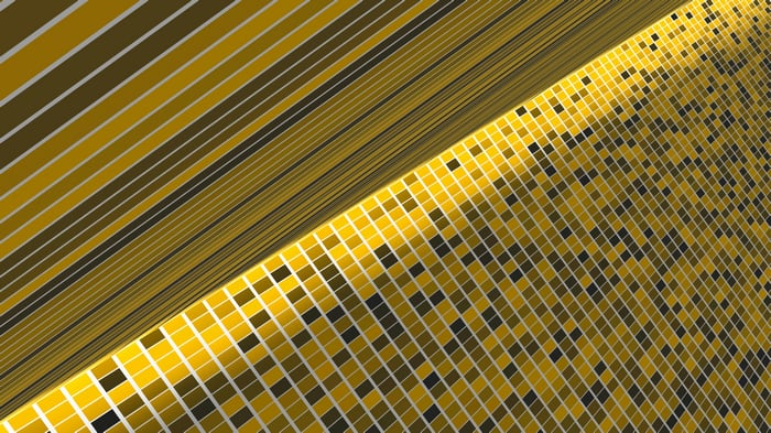 Yellow and brown striped and tiled abstract 3D render