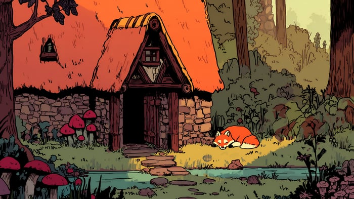 Fox resting near a stone cottage in the forest