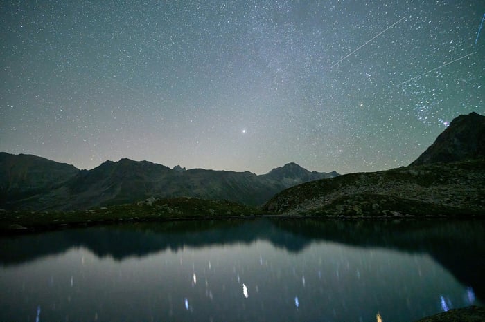Starry night sky over calm mountains and lake