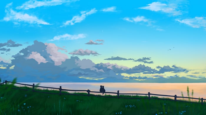 Two cats sit on a fence overlooking a sea of clouds