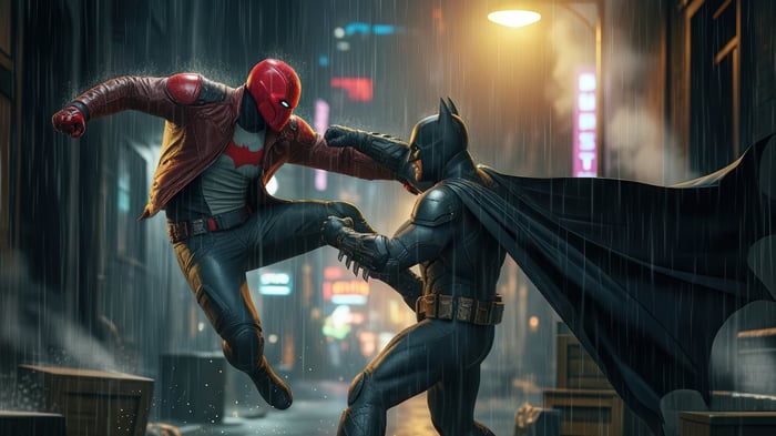Batman and Red Hood fight in the rain