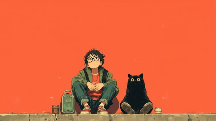 Boy and black cat sitting on a ledge