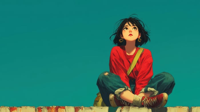 Anime girl in red cardigan looking up