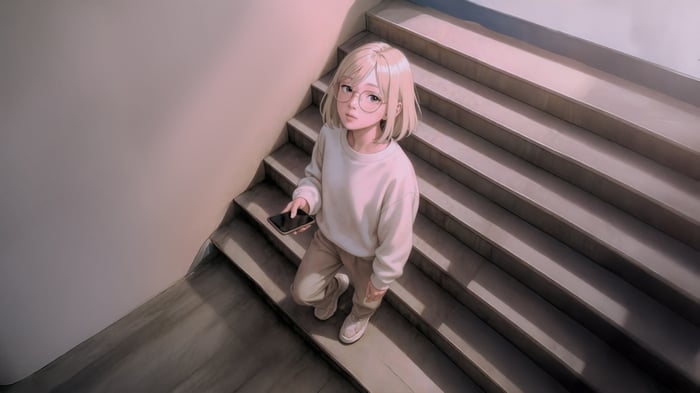 Blonde girl with glasses holding a phone on stairs