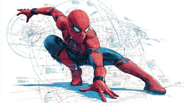 Spider-Man in High-Tech Suit with Blueprints