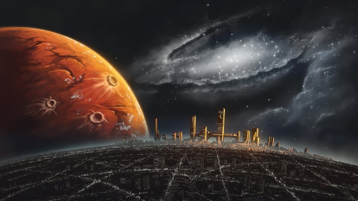Mars and a futuristic city under a galaxy