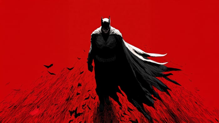 Batman walking with bats on red background
