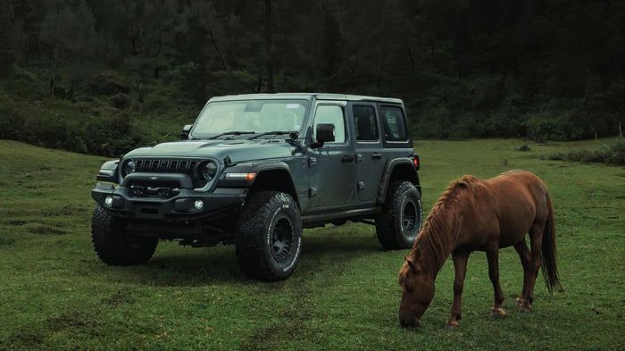 Jeep Wrangler Rubicon with a horse in a field