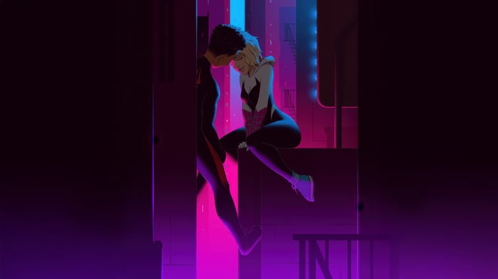 Gwen Stacy and Miles Morales romance in a neon city