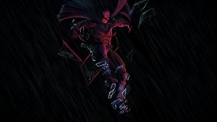 Batman in a dark, rainy scene with shattered glass