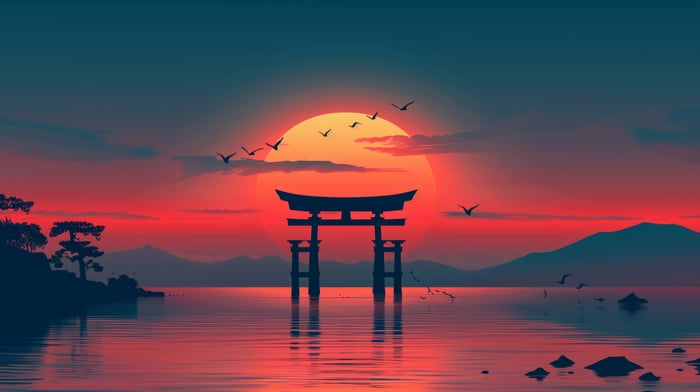 Torii gate at sunset with birds over water