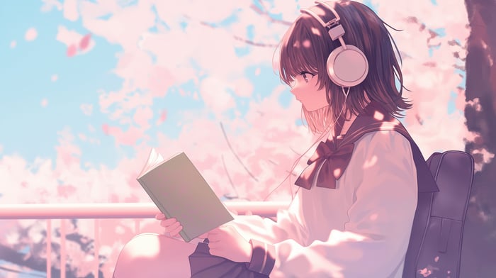 Anime girl with headphones reading a book