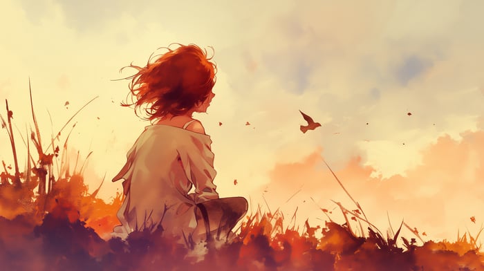 Girl watching birds in a field at sunset