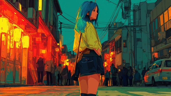 Girl with blue hair in a crowd at night