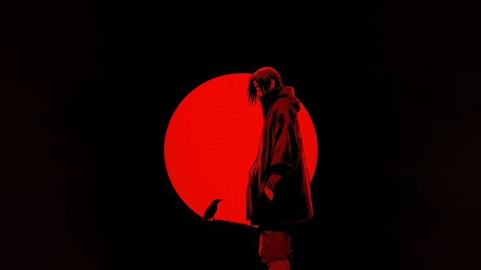 Sasuke Uchiha with a crow in front of a red sun