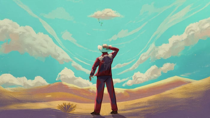 Cowboy in a desert looking at a cloud