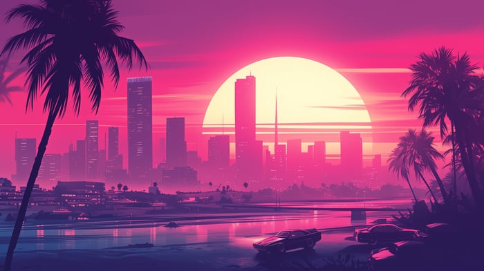 Synthwave Cityscape with Palm Trees and Cars