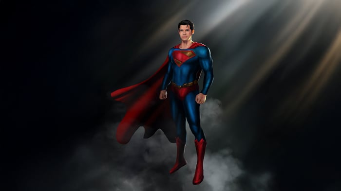 Superman in his iconic suit with a red cape