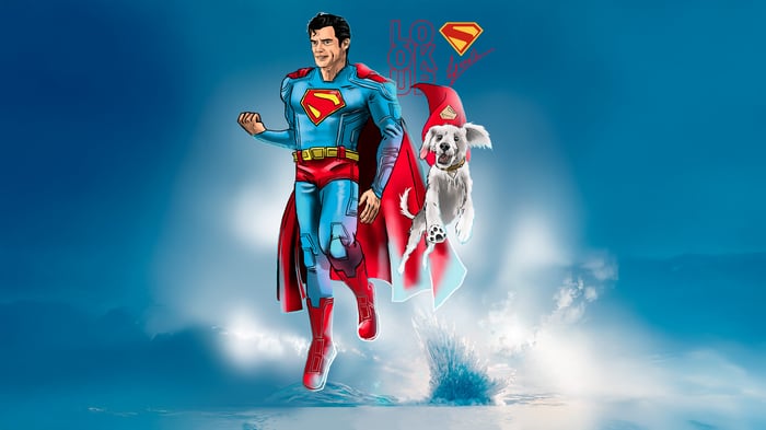 Superman and Krypto flying through the sky