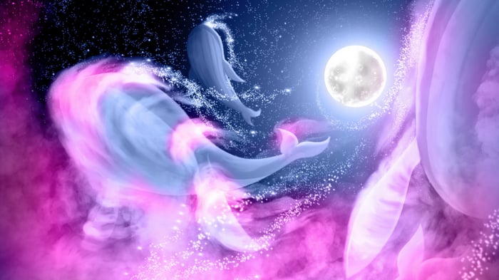 Whales swimming in a starry sky with a moon