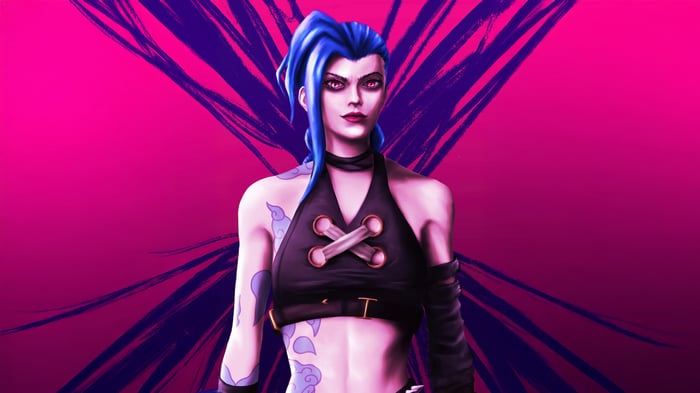 Jinx from Arcane with pink and purple background
