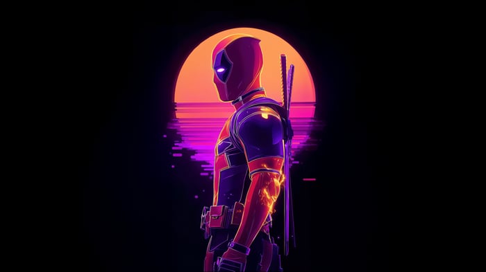 Deadpool Standing Against a Retro Sunset