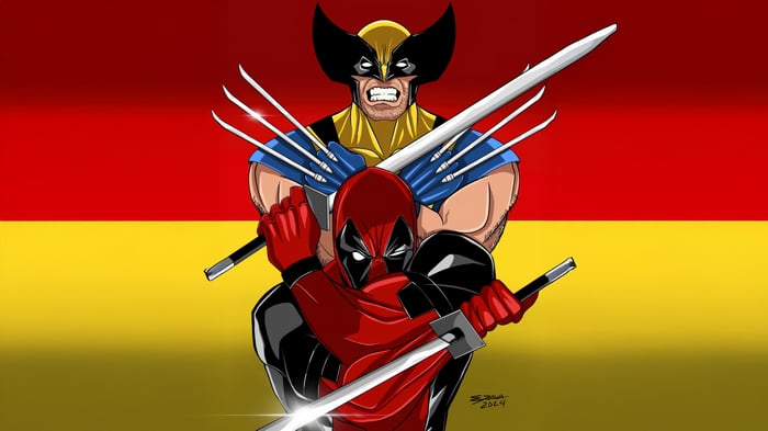 Deadpool and Wolverine with swords