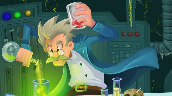 Mad scientist in a laboratory with bubbling beakers