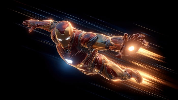 Iron Man Flying with Light Streaks
