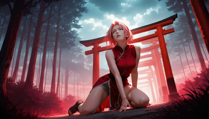 Sakura Haruno in a Japanese Torii Gate Forest