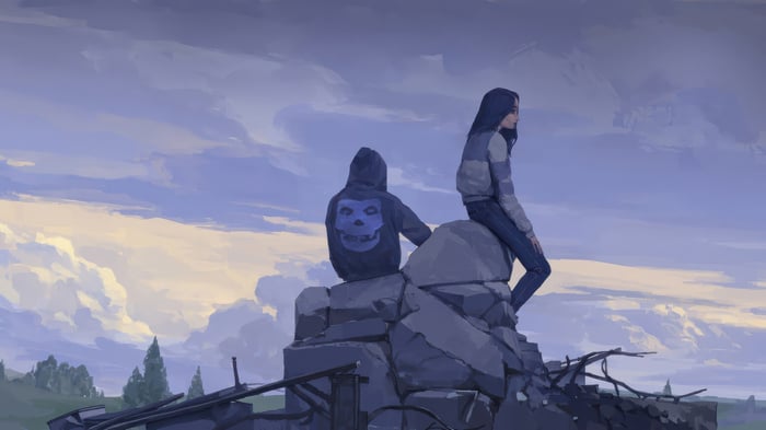 Two friends sitting on ruins under a cloudy sky