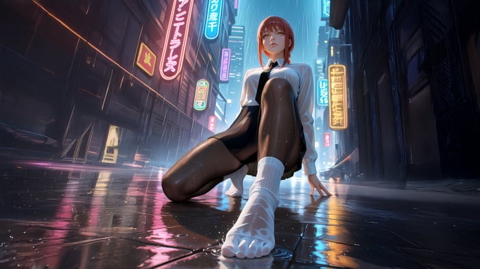 Makima in a Rainy Cyberpunk City