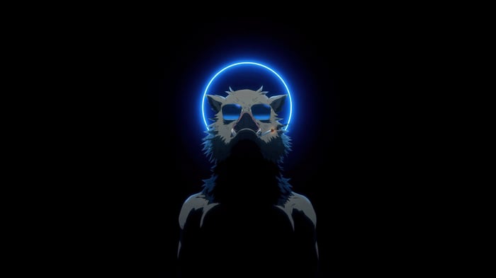 Inosuke Hashibira with a blue halo and sunglasses