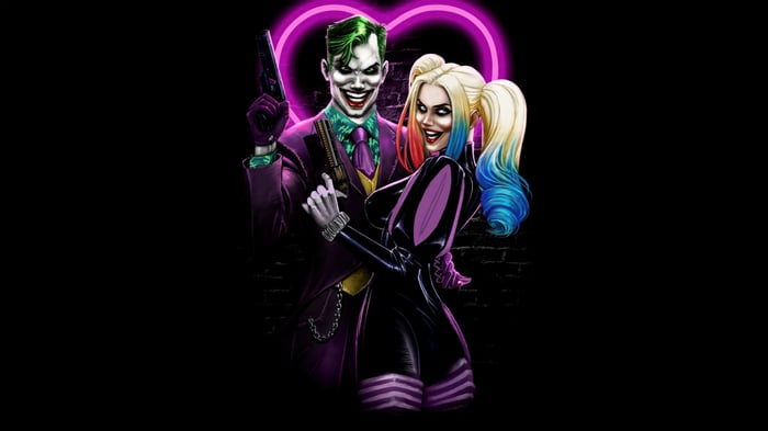 Joker and Harley Quinn with a neon heart
