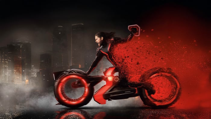Tron Ares Light Trail Blazer on a motorcycle