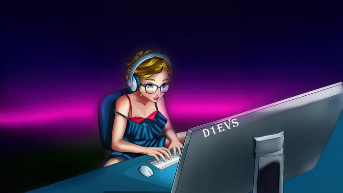 Gaming girl with headphones at a computer