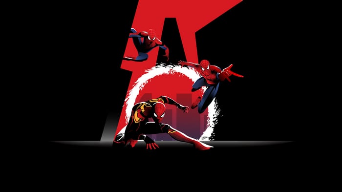 Three Spider-Men in front of a red abstract shape