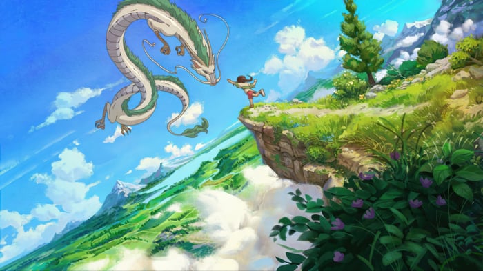 Chihiro and Haku the Dragon in a Mountain Landscape