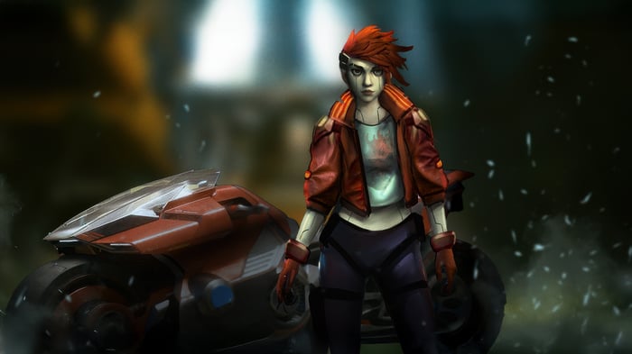 Cyberpunk 2077 character with red hair and futuristic bike