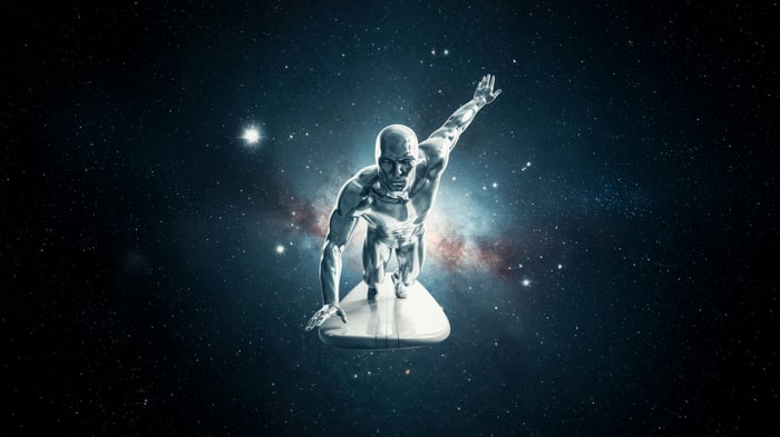 Silver Surfer riding a surfboard in space