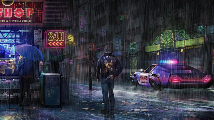 Cyberpunk street scene with a man holding a gun
